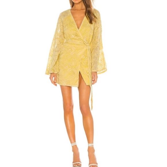 Revolve Tularosa Robin bell sleeve tie waist lace dress lemon drop yellow small - Picture 1 of 8